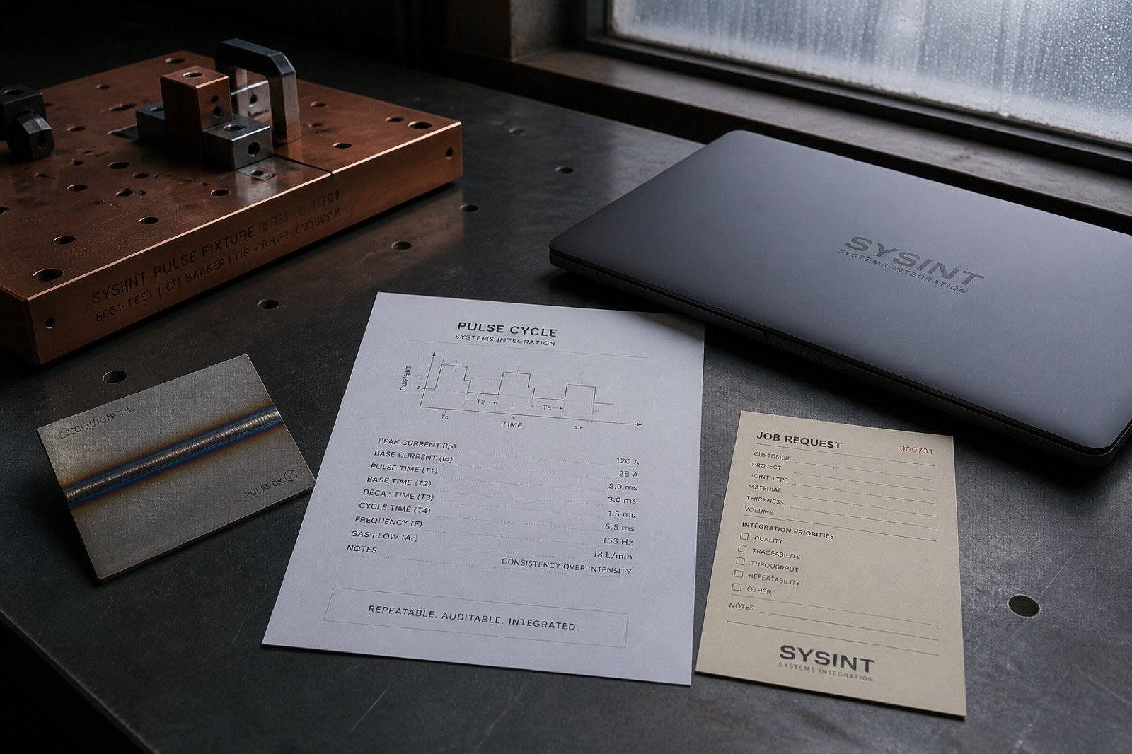 Fabrication table with coupon, laptop and job-request slip