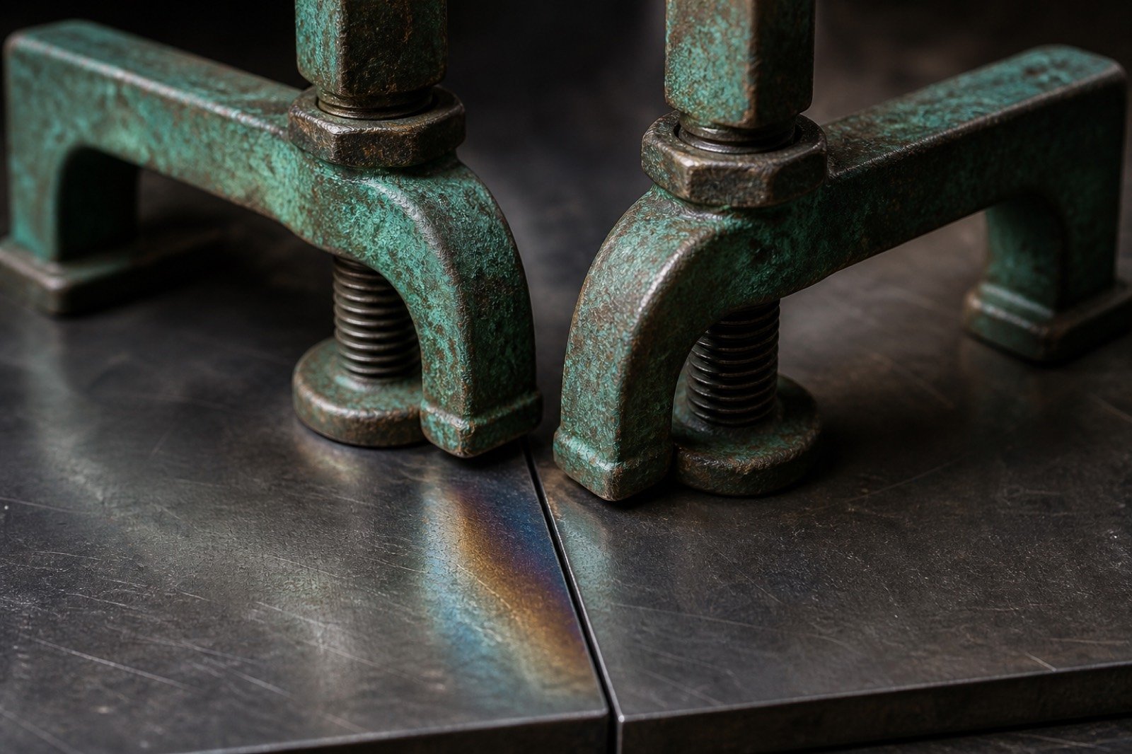 Copper fixture clamps locking two metal plates