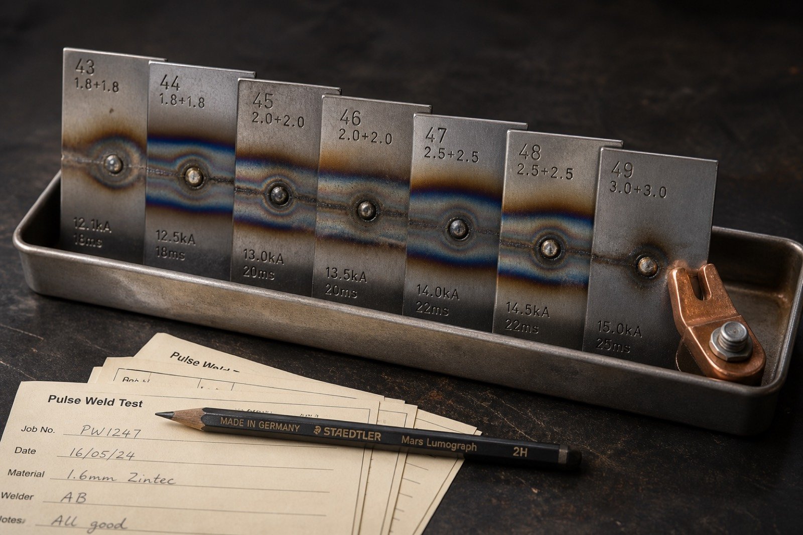 Tray of pulse-weld test coupons with stamped numbers