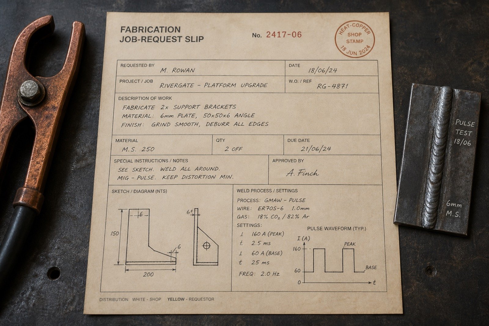 Fabrication job-request stationery with coupon and copper clamp